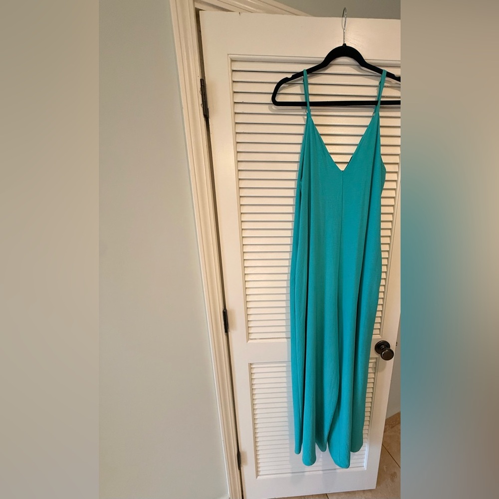 Fab'rik teal wide leg spaghetti strap jumpsuit with pockets